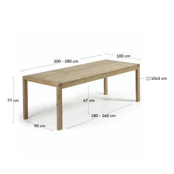 Briva extendable table with a natural oak wood finish, 200 (280) x 100 cm - sizes