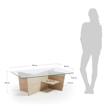 Table basse Balwind en verre et base en chêne massif  110 x 60 cm - dimensions