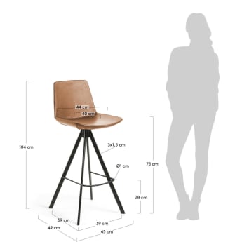 Zeva brown faux leather stool with steel in a black finish, height 75 cm - sizes