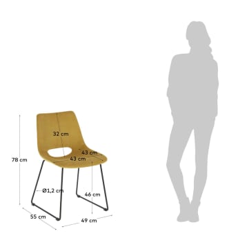 Καρέκλα Zahara, μουσταρδί κοτλέ και ατσάλινα πόδια σε μαύρο φινίρισμα - μεγέθη