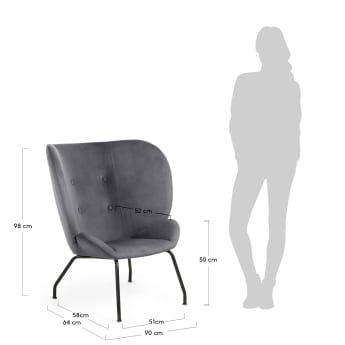Violet armchair in dark grey velvet with steels legs in a gold finish - sizes
