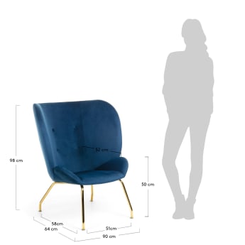 Πολυθρόνα Violet, μπλε βελούδο και ατσάλινα πόδια σε χρυσό φινίρισμα - μεγέθη