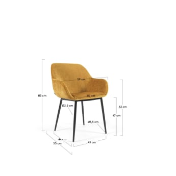 Konna chair in mustard chenille with steel legs and painted black finish - sizes
