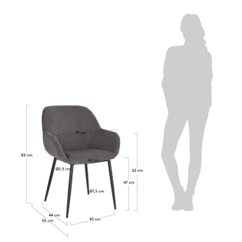 Cadira Konna de pana gruixuda gris i potes d'acer amb acabat pintat negre - mides