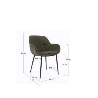 Καρέκλα Konna, σκούρο πράσινο χοντρό κοτλέ και μασίφ πόδια οξιάς σε μαύρο φινίρισμα - μεγέθη