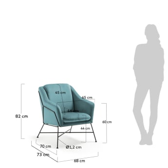 Brida fauteuil in turquoise fluweel met zwart stalen poten - maten