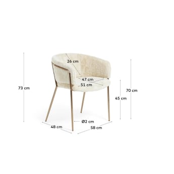 Krzesło Runnie z białym futrzanym obiciem z nogami stalowymi w miedzianym wykończeniem - rozmiary