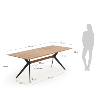Amethyst oak veneer table with a distressed finish and black steel legs, 160 x 90 cm - sizes