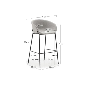 Yvette light grey stool with steel in a black finish, height 74 cm - sizes