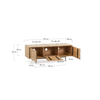 Meuble TV Delsie 3 portes en bois d'acacia massif et acier finition noire 147 x 50 cm - dimensions