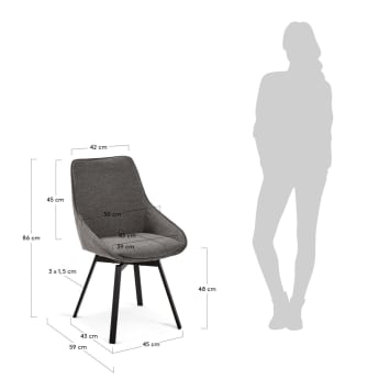Jenna dark grey swivel chair with steel legs with black finish - sizes