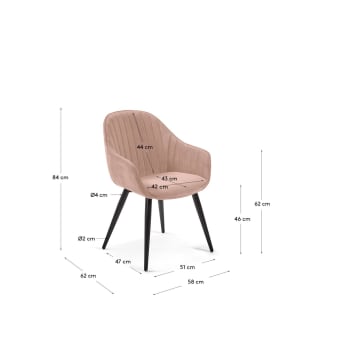 Fabia velvet chair in pink with steel legs in a black finish - sizes