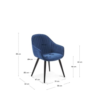 Fabia velvet chair in blue with steel legs in a black finish - sizes