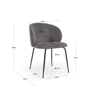 Minna chenille chair in grey with steel legs in a black finish - sizes