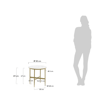 Table d'appoint Elisenda en verre blanc et structure en acier finition dorée Ø 50 cm - dimensions