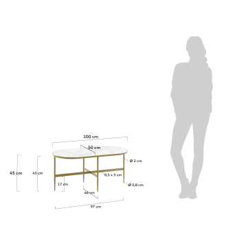 Table basse Elisenda en verre blanc et structure en acier finition dorée 100 x 50 cm - dimensions