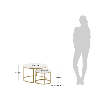 Σετ 2 βοηθητικά τραπέζια Leonor, λευκό γυαλί, χρυσό φινίρισμα χάλυβα, Ø80εκ / Ø50εκ - μεγέθη