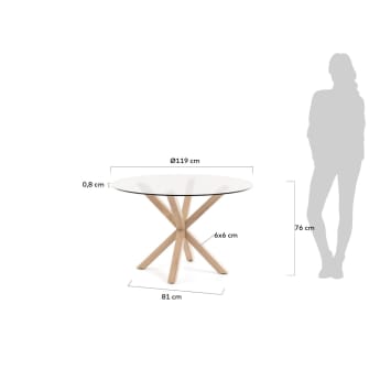 Στρογγυλό τραπέζι Argo, γυαλί και ατσάλινα πόδια με εφέ ξύλου, Ø 119 εκ - μεγέθη