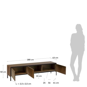 Nadyria walnootfineer 3-deurs TV-meubel met zwarte afwerking staal, 180 x 50 cm - maten