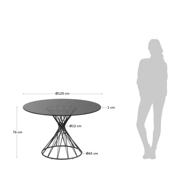 Στρογγυλό τραπέζι Niut, γυαλί και μαύρα ατσάλινα πόδια, Ø 120 εκ - μεγέθη