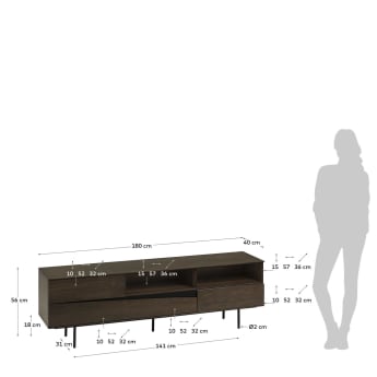Cutt American walnut veneer TV stand with drawers and black finish steel, 180 x 56 cm - sizes