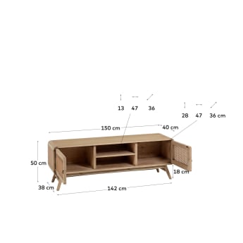 Nalu 2 door solid white cedarwood & rattan TV stand, 150 x 50 cm - sizes