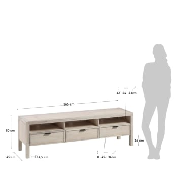 Meuble TV Alen 3 tiroirs en bois d'acacia massif 165 x 50 cm - dimensions
