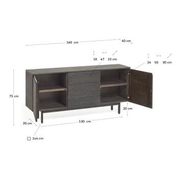 Indiann solid acacia wood & black metal sideboard with 2 doors & 3 drawers, 160 x 75 cm - sizes