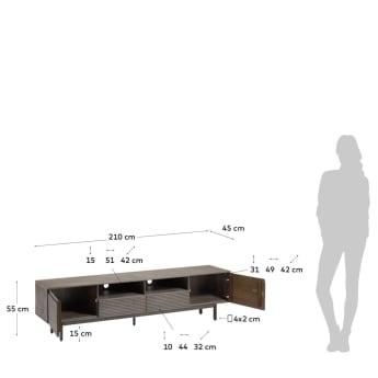 Indiann solid acacia wood & black metal TV stand with 2 doors & 2 drawers, 210 x 45 cm - sizes