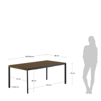 Table extensible Nadyria en contreplaqué de noyer et pieds en acier noir 120 (160) x 80 cm - dimensions