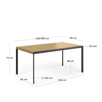 Table extensible Nadyria en contreplaqué de chêne et pieds en acier 160 (200) x 90 cm - dimensions