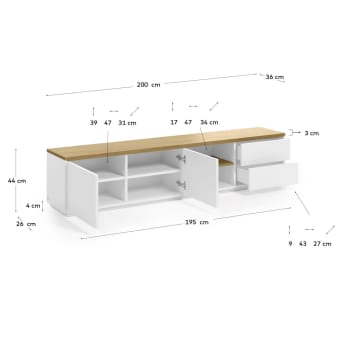 Abilen oak wood veneer TV stand with 2 doora and 2 drawers in white lacquer, 200 x 44 cm FSC 100% - sizes