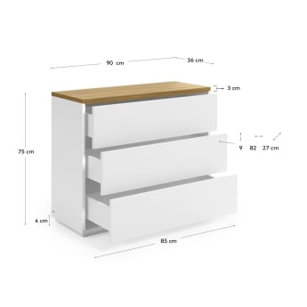 Συρταριέρα με 3 συρτάρια Abilen 90 x 75 εκ, δρύινος καπλαμάς και λευκή λάκα FSC 100% - μεγέθη