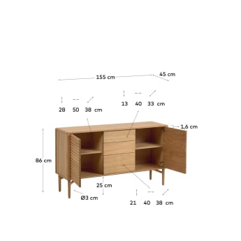 Lenon oak wood and veneer sideboard with 2 doors & 3 drawers, 155 x 86 cm FSC MIX Credit - sizes