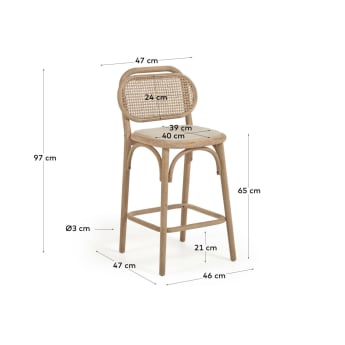 Doriane 65 cm height solid oak stool with natural finish and upholstered seat - sizes