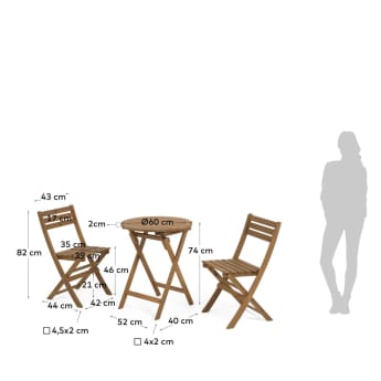 Ensemble Elisia de table et chaises pliantes de jardin en bois massif d'acacia FSC 100% - dimensions