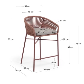 Yanet stool made from terracotta cord and galvanised steel, height 65 cm - sizes
