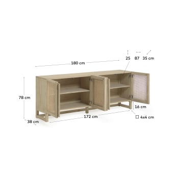 Rexit 4 door solid and veneer white cedarwood sideboard with rattan, 180 x 70 cm - sizes