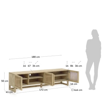 Meuble TV Rexit 3 portes en bois massif et placage de Mindy et rotin 180 x 50 cm - dimensions