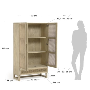 Rexit solid mindi wood and veneer wardrobe with rattan 90 x 160 cm - sizes