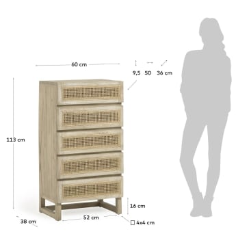Συρταριέρα με 5 συρτάρια Rexit, 60 x 113 εκ, μασίφ ξύλο mindi και καπλαμάς, ρατάν - μεγέθη