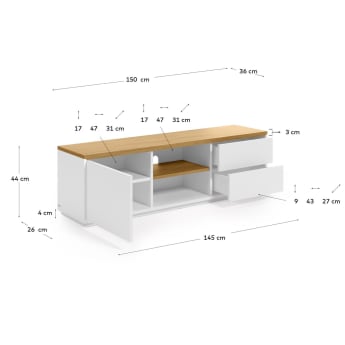 Abilen oak wood veneer TV stand with 1 door & 2 drawers in white lacquer, 150 x 44 cm FSC 100% - sizes