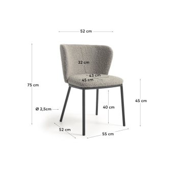 Καρέκλα Ciselia, ανοιχτό γκρι σε υφή προβάτου και μαύρο μέταλλο - μεγέθη