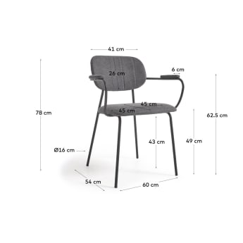Καρέκλα Auxtina, σκούρο γκρι chenille και μαύρο μέταλλο - μεγέθη