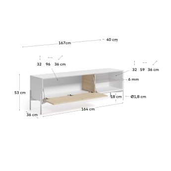 Marielle ash wood veneer TV stand with white lacquer and white finish metal, 167 x 53 cm - sizes