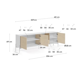 Buffet Marielle 3 portes et 1 tiroir en plaqué de frêne laqué et métal blanc 207 x 69 cm - dimensions