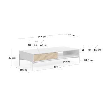 Table basse Marielle en contreplaqué de frêne et laqué blanc 124 x 70 cm - dimensions