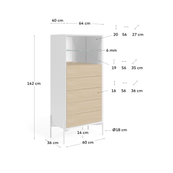 Marielle dresser with five drawers ash wood with white lacquer 64 x 142 cm. - sizes