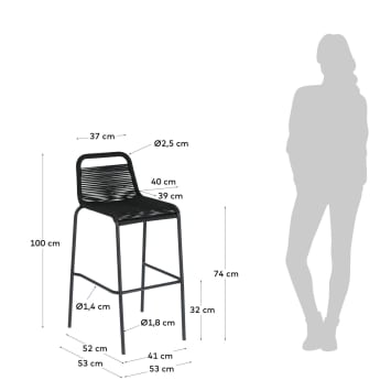 Lambton stool in black rope and black finish steel 74 cm - sizes