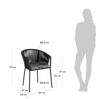 Καρέκλα Yanet, μαύρο σκοινί, πόδια σε γαλβανισμένο ατσάλι - μεγέθη